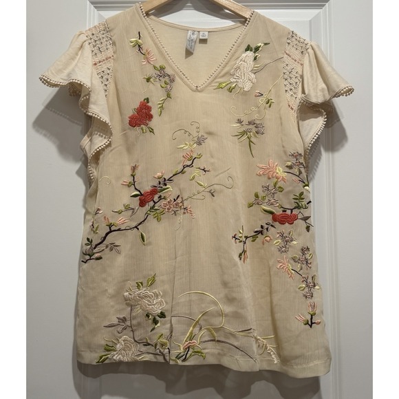 Cato Tops - Cream Floral Embroidery Flutter Sleeve Women's Blouse Size XL
